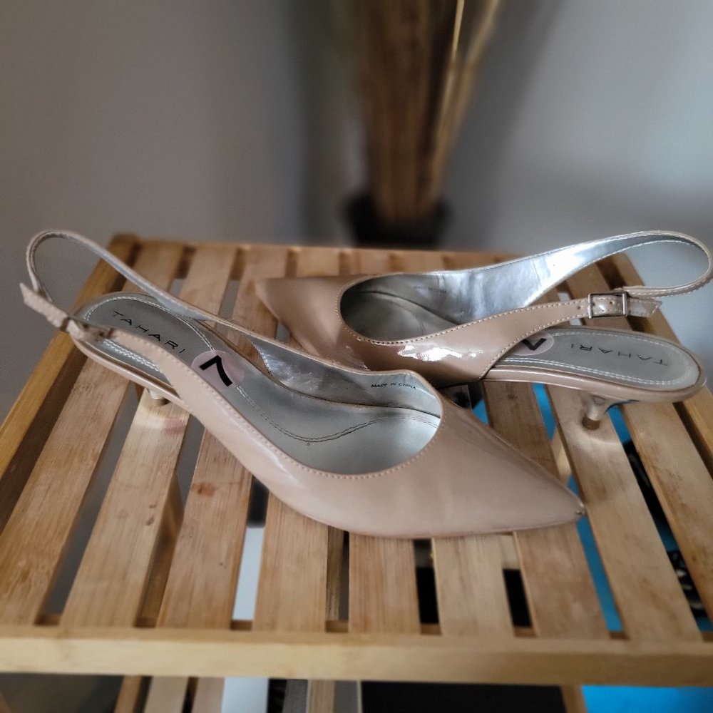 Tan Patent Leather Shoes with Silver Heels